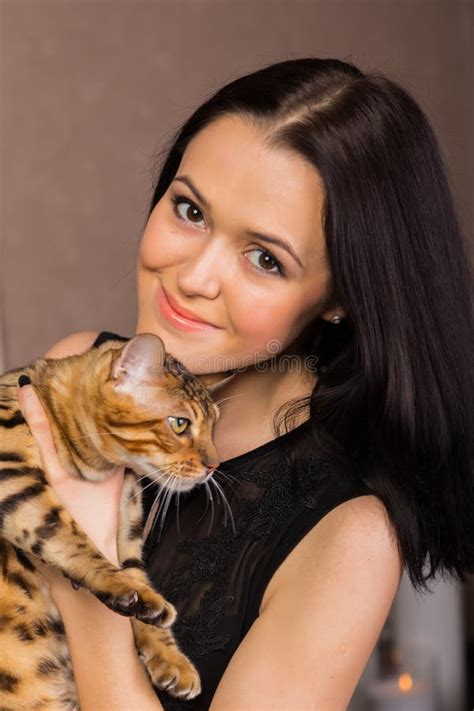 Beautiful Brunette With A Cat Stock Photo Image Of Lips Furry 52148416