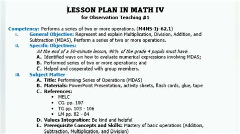 Melc Based Detailed Lesson Plan In Mathematics For Classroom Observation Youtube