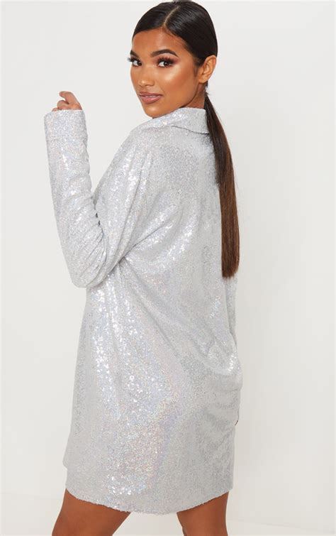 Silver Sequin Shirt Dress Dresses Prettylittlething Ksa