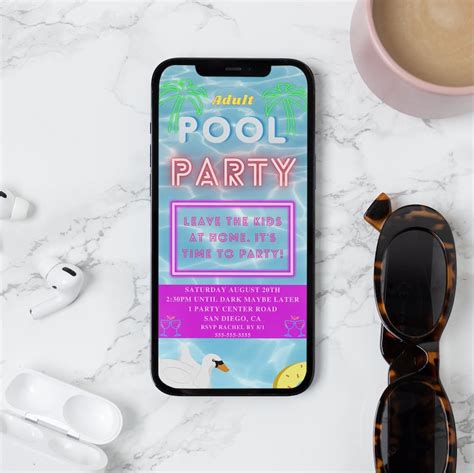Adult Summer Pool Party Electronic Invitation Template Etsy