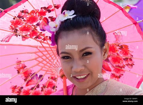 Thailand Chiang Mai Chiang Mai Flower Festival Portrait Of Girl In Traditional Thai Costume