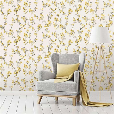 Alisha Ochre Floral Wallpaper Dunelm Yellow Room Decor Living Room
