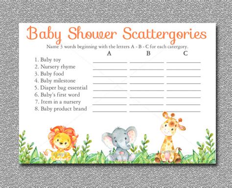 Safari Baby Shower Game Scattergories Game Printable Jungle Etsy