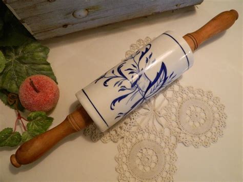 Antique Ceramic Blue And White Floral Rolling Pin Etsy Antique