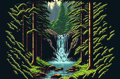 Premium Ai Image Pixel Art Waterfall In The Forest Landscape In Retro