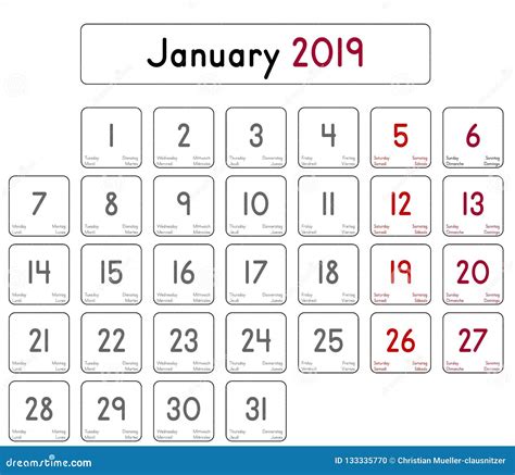 January 2019 Monthly Calendar Template