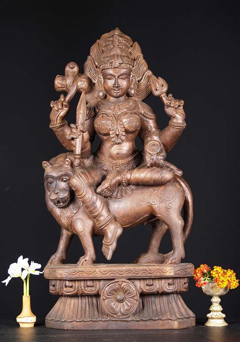 Sold Wooden Shakti Mariamman Seated On A Lion 30 76w19cu Hindu