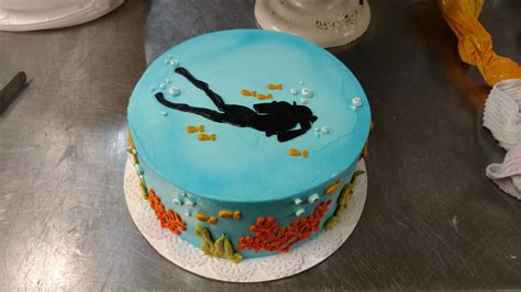 A Scuba Diving Themed Cake With Diver Silhouette And Hand Iced Underwater Scene Торт Детский