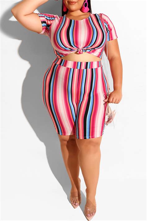 Lovely Casual Striped Printed Plus Size Two Piece Shorts Setlw