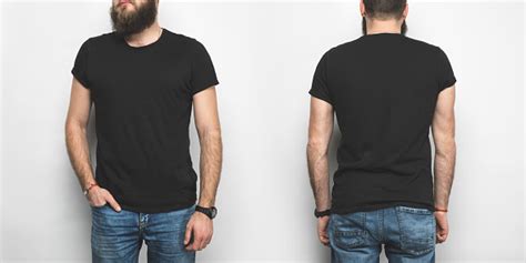 Front And Back View Of Man In Black Tshirt Isolated On White Stock
