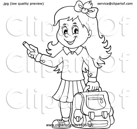 Clipart Of A Black And White Happy School Girl Holding A Backpack And