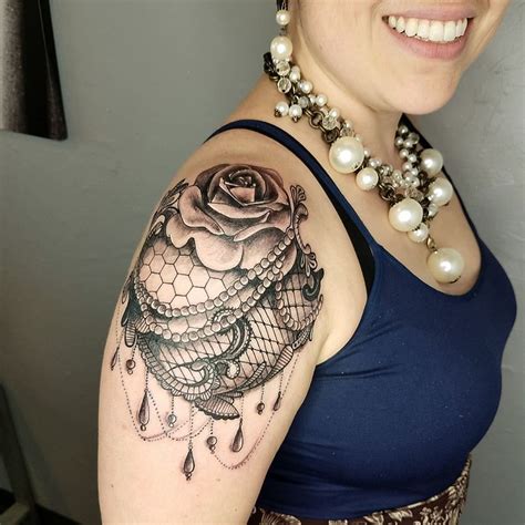 Beautiful Black And Grey Rose With Lace Shoulder Tattoo By