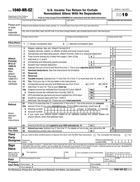 Irs Form 1040 Nr Ez Download Fillable Pdf Or Fill Online Us Income