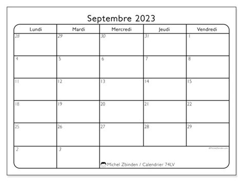 Calendrier Septembre 2023 74ds Michel Zbinden Be
