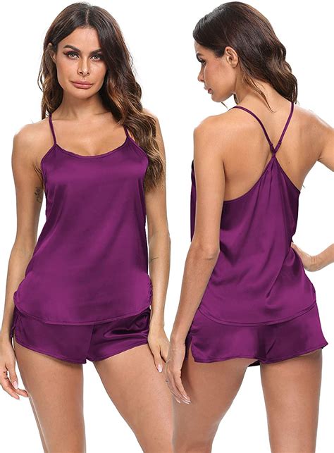 Swomog Womens Satin Pajama Cami Set Sexy Lingerie Silky Sleepwear Nightwear 2 Piece Pj Short