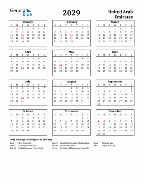 Free Printable 2029 United Arab Emirates Holiday Calendar
