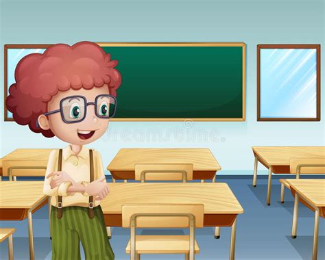 A Boy Inside A Classroom With An Empty Board At The Back Stock Vector