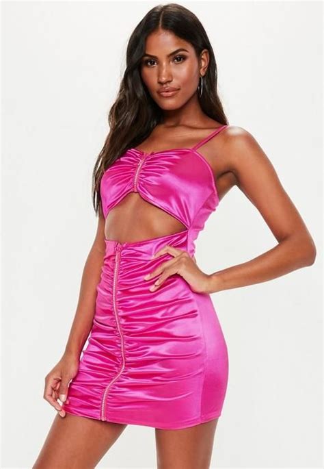 Pink Stretchy Satin Diamante Zip Mini Dress Mini Dress Bodycon Mini