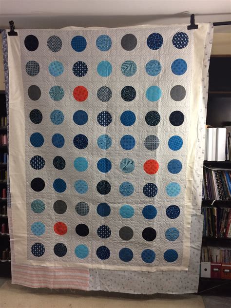 Blue Polka Dot Appliqué Quilt Before Binding 5 Inch Circles On 8 Inch