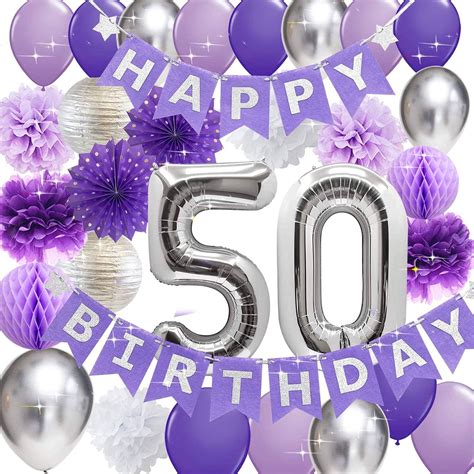 50th Birthday Party Decorations For Women Purple Silver Happy Etsy