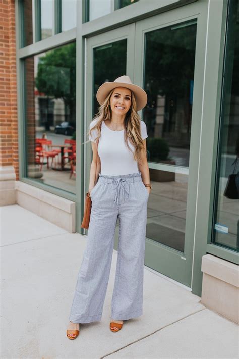 White Bodysuit And Striped Linen Pants Striped Linen Pants Outfit Wide Leg