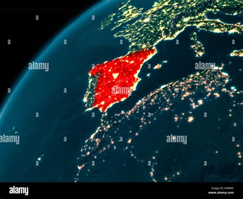 Night Map Of Spain As Seen From Space On Planet Earth 3d Illustration