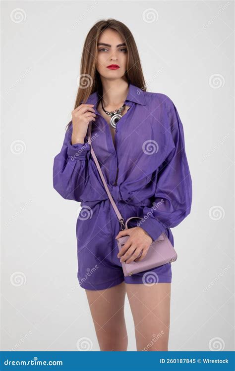 Stunning Model Posing In A Purple Short Set Stock Image Image Of