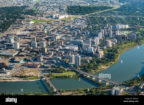 Aerial View Of City Of Saskatoon And South Saskatchewan River Stock