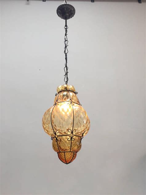 Vintage Handblown Seguso Murano Amber Glass Cage Pendant