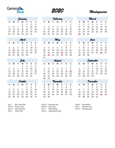 2020 Madagascar Calendar With Holidays
