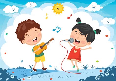 Ilustración Vectorial De Niños Tocando Música Y Cantando Vector Premium
