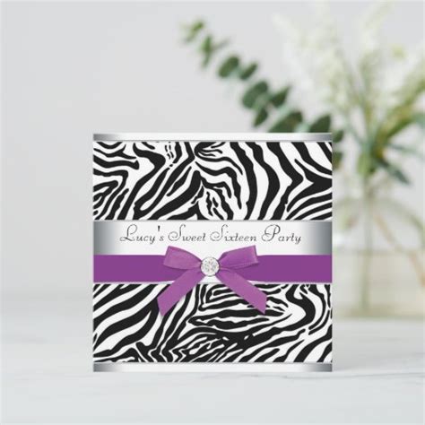 Zebra Purple Bow Purple Zebra Sweet 16 Birthday Invitation Zazzle