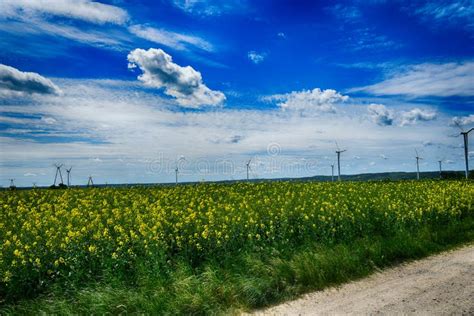 Picturesque Spring Landscape With Blue Sky And Green Fields Stock Photo