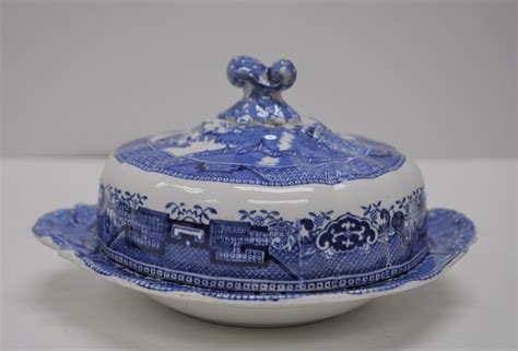Antique Ridgeway Blue Willow Covered Butter Dish England 1832 River