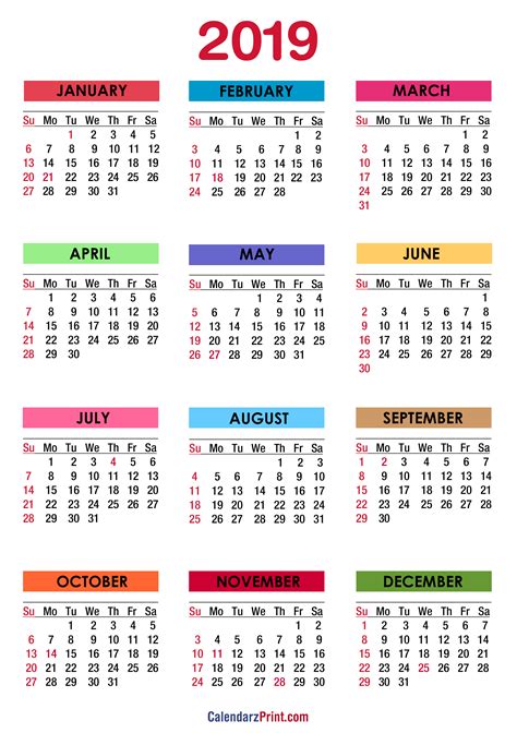 2019 Calendar With Holidays Printable Free Colorful Sunday Start