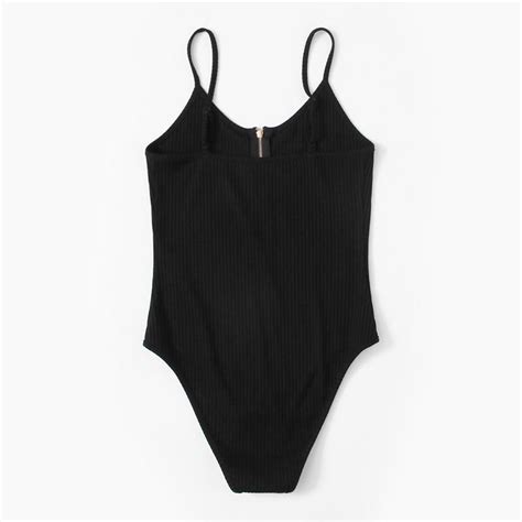 Buy Zipper Front Ribbed Cami Bodysuit Summer Casual Black Scoop Neck Sleeveless Sexy Bodysuits