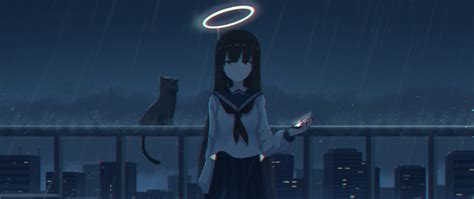 2560x1080 4k Girl In The Rain With Cat 2560x1080