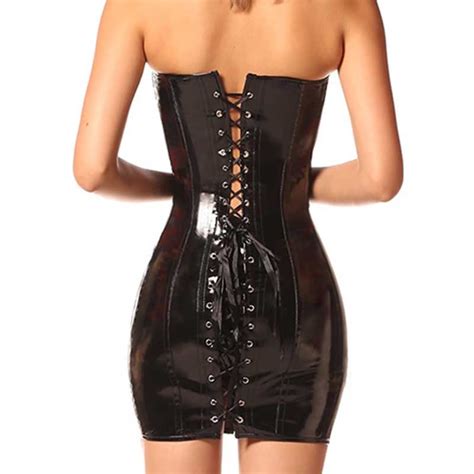 2021 Sexy Wetlook Long Latex Corset Dress Gothic Women Pvc Faux Leather Bustier Top Slimming