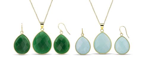 18kt Yellow Gold Genuine Gemstone Earring And Necklace 5 Colors