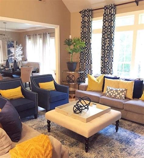 Living Room Color Scheme At Home Has Navy Accent Chairs Yellow