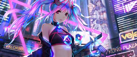 2560x1080 Anime Cyber Girl Neon City 2560x1080 Resolution