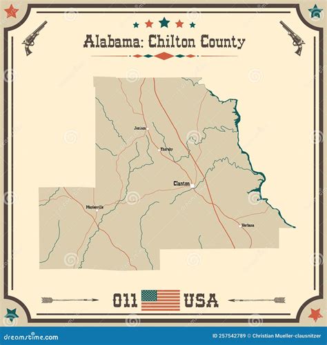Vintage Map of Chilton County in Alabama, USA. Stock Vector