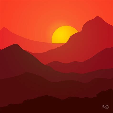 Sunset Mountains Landscape Watamata Drawings And Illustration