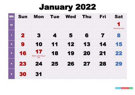 Printable January 2022 Calendar With Holidays Word Pdf