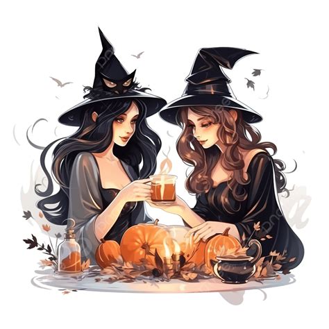 Two Halloween Witches Making Conjure In Halloween Night Magic Holidays And Mystic Concept