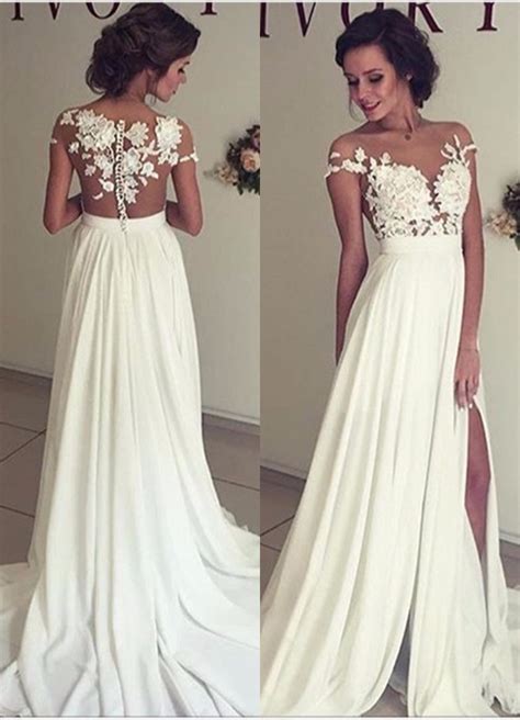 summer chiffon wedding dresses lace top short sleeves side slit garden elegant bridal gowns on