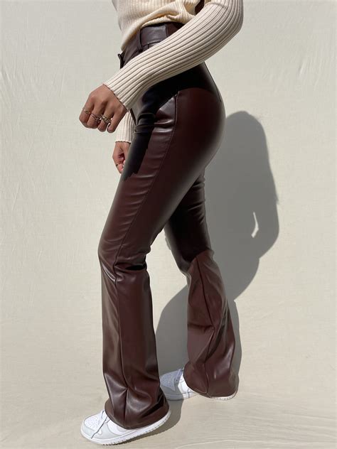 Khai Faux Leather Flared Trousers Brown Hello My Love