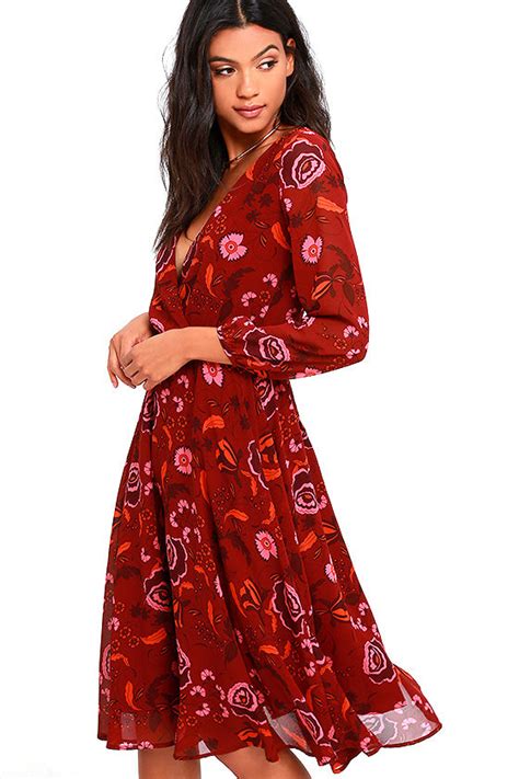Bb Dakota Carabelle Dress Burgundy Floral Print Dress Midi Dress Long Sleeve Dress 99