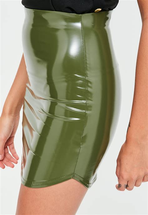 Missguided Khaki Vinyl Curve Hem Mini Skirt In Green Lyst