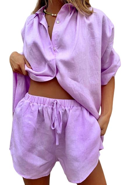 Femereina Women S Linen Casual 2 Piece Outfit Set Oversized Shirt Shorts With Pockets